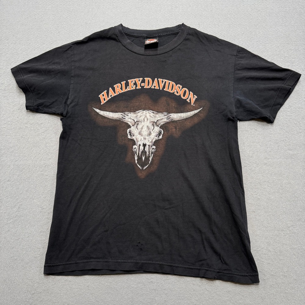 Y2K Harley-Davidson T-Shirt Men's Medium Black Skull Graphic Short Sleeve